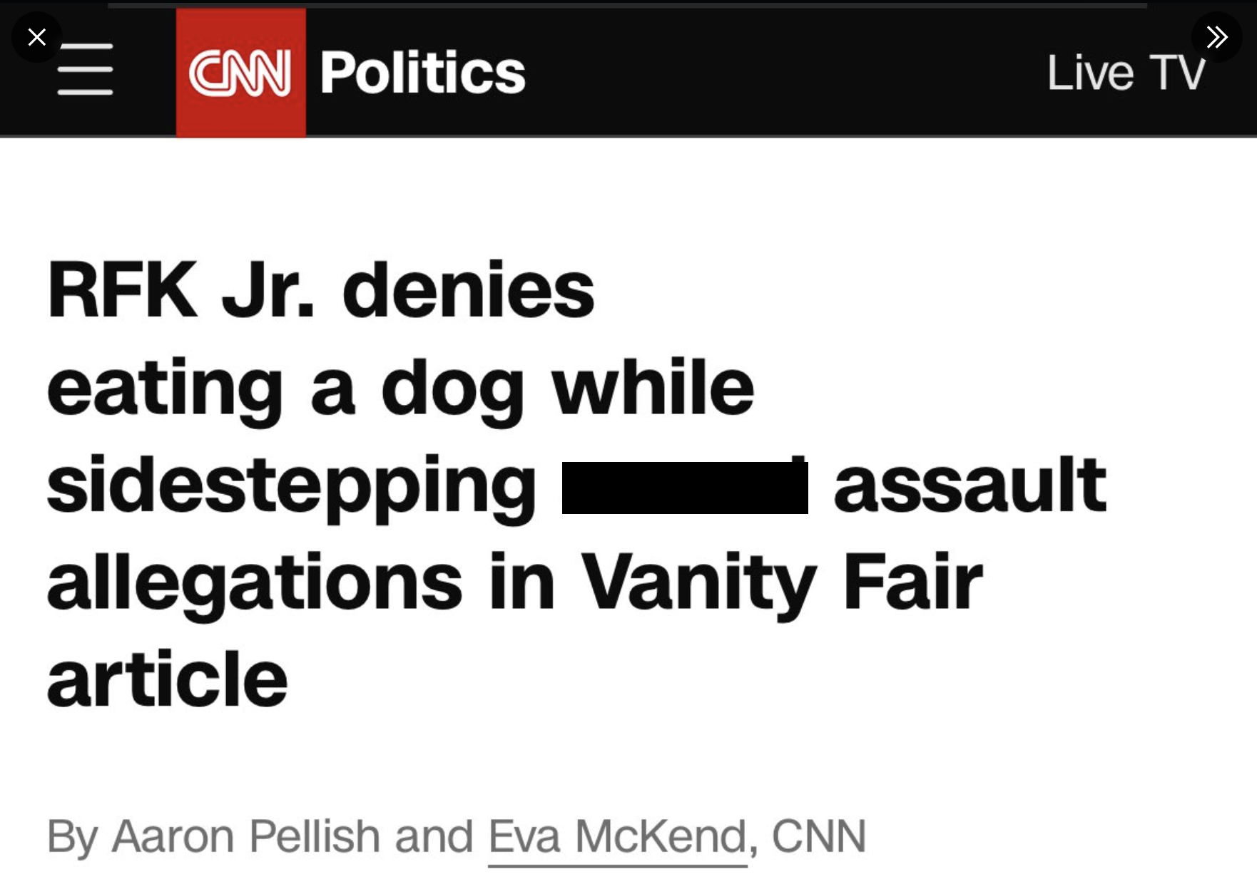 screenshot - Cnn Politics Live Tv Rfk Jr. denies eating a dog while sidestepping assault allegations in Vanity Fair article By Aaron Pellish and Eva McKend, Cnn